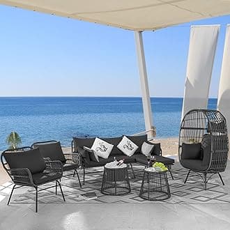 BULEXYARD 7 Piece Boho Patio Furniture Sets with Egg Chair, Small Outdoor Bistro Chair Conversation Sofa Set w/Coffee Table & Ice Bucket for Backyard, Porch, Deck, Garden (Dark Grey)