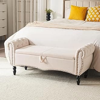 Furniliving Modern Storage Ottoman Bench for Bedroom, Upholstered End of Bed Bench with Solid Wood Legs, Beige, Linen