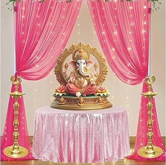 Lazybeee 7pcs Elegant Pink Sheer Backdrop Net Cloth for a Festive Home Decor Ganpati Pandal Decoration Kit Backdrop for Birthday Pooja Decoration Janmashtami Varalakshmi Diwali Decor