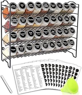 SWOMMOLY Spice Rack with 36 Empty Square Spice Jars, 396 Spice Labels with Chalk Marker and Funnel Complete Set, for Countertop, Cabinet or Wall Mount