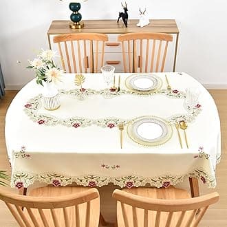 Wolkemer Jacquard Floral Oval Tablecloth Little Rose Embroidered Lace Beige Table Cover for Home Dining Kitchen Decor 60 x 84 inch