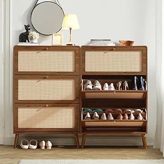 Rattan Shoe Cabinet with 3 Flip Drawers, 48 Pairs Narrow Shoe Storage Cabinet for Entryway Freestanding Hidden Shoe Rack, Modern Slim Wood Shoe Organizer for Hallway, Walnut
