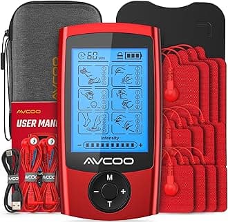 AVCOO TENS Unit with 24 Modes, Dual Channel TENS Unit Muscle Stimulator, Rechargeable TENS Machine for Muscles, Shoulder, Neck, Sciatica and Back Pain Relief with 12 Upgraded Pads, EVA Case, Red