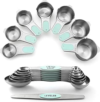Magnetic Measuring Cups & Spoons Set, Patented, Strong N45 Magnets, Heavy Duty Stainless Steel Fits in Spice Jars for Baking & Cooking, BPA Free, Round Set of 15 with Leveler, Mint
