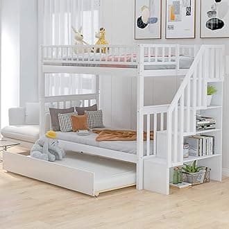 Twin Over Twin Bunk Beds with Staircase and Trundle Bed, No Box Spring Needed for Teens, Boys or Girls