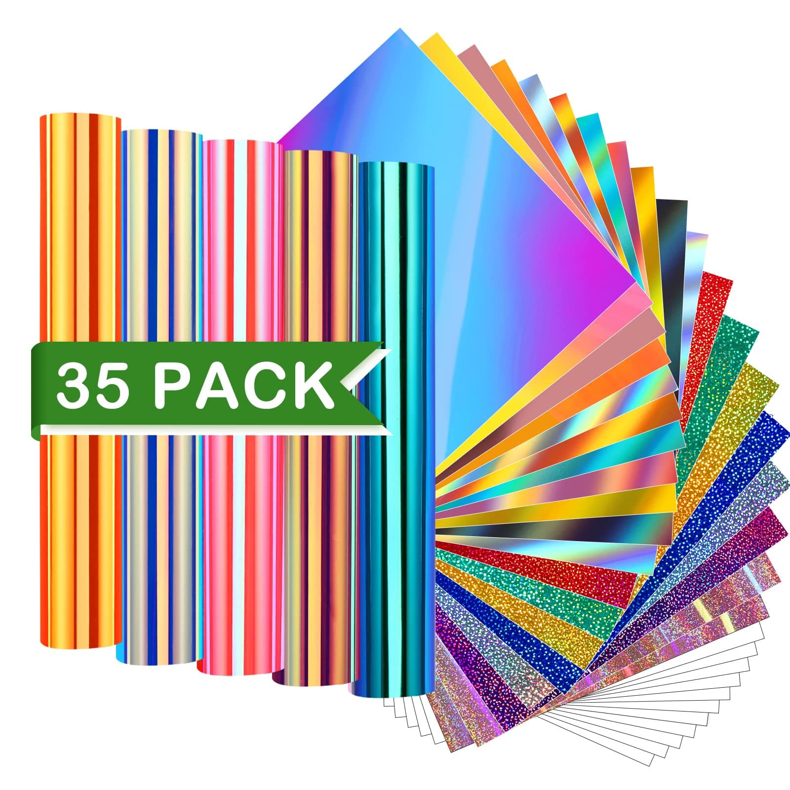 WRAPXPERT Holographic Permanent Vinyl Adhesive 35 Sheets Bundle-24 Vinyl Sheets 12"x12" & 6 Grid Transfer Paper & 5 Vinyl Layer Ppaer Compatible with All Crafters