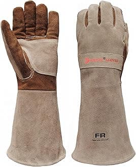 Leather Welding BBQ Fire Gloves, Fireproof Heat-Resistant Long Sleeve Mitts for TIG/MIG, Log Wood Burners, Firefighting, Barbecue, Fireplace, Oven, Stove, Grill, Animal Handling (Small)