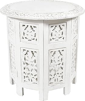 COTTON CRAFT Jaipur Solid Wood Handcrafted Carved Folding Accent Coffee Table - Antique White - 46 CM Round Top x 46 CM High
