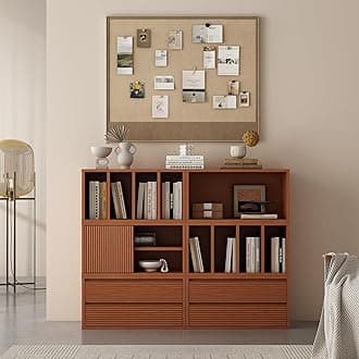 MUSEHOMEINC Modern Wooden Bookcase Storage Cabinet,Sliding Door 2 Open Shelves Bookcase,4-Compartment Storage Organizer Shelf,Lines Ribbed Textures Drawers, Display Unit for Home Office