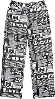 WDIRARA Women's High Waist Newspaper Print Wide Leg Zipper Casual Baggy Funky Pants Black M