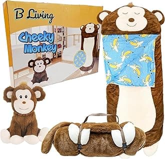 Kids Sleeping Bag With Pillow - Large Sleeping Bag For Children With Cute Plush Toy. Monkey Animal Sleeping Bags For Kids, Foldable Cosy Nappers For Sleepover, Happy Napping For Boys And For Girls.