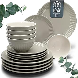 12-Piece Dinnerware Set Hygge Series - Bowl and Plate Set - Stoneware Dining Set for 4 People - Dishwasher and Microwave Safe - Grooved Dining Service in Light Brown