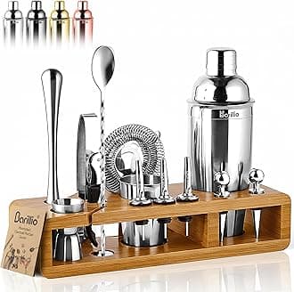 Barillio Bartender Kit - Stainless-Steel Cocktail Shaker Set w/Bamboo Stand - Mixology Bar Tools w/Drink Shaker, Mixer Spoon & Muddler for Cocktails - Home Bar Accessories - 23-Pc Bar Set - Silver