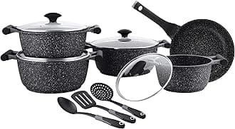Prestige Essentials Granite 12 Piece Non-Stick Cast Aluminium Cookware sets | Induction Compatible Pots and Pans Set | Black - PR80965