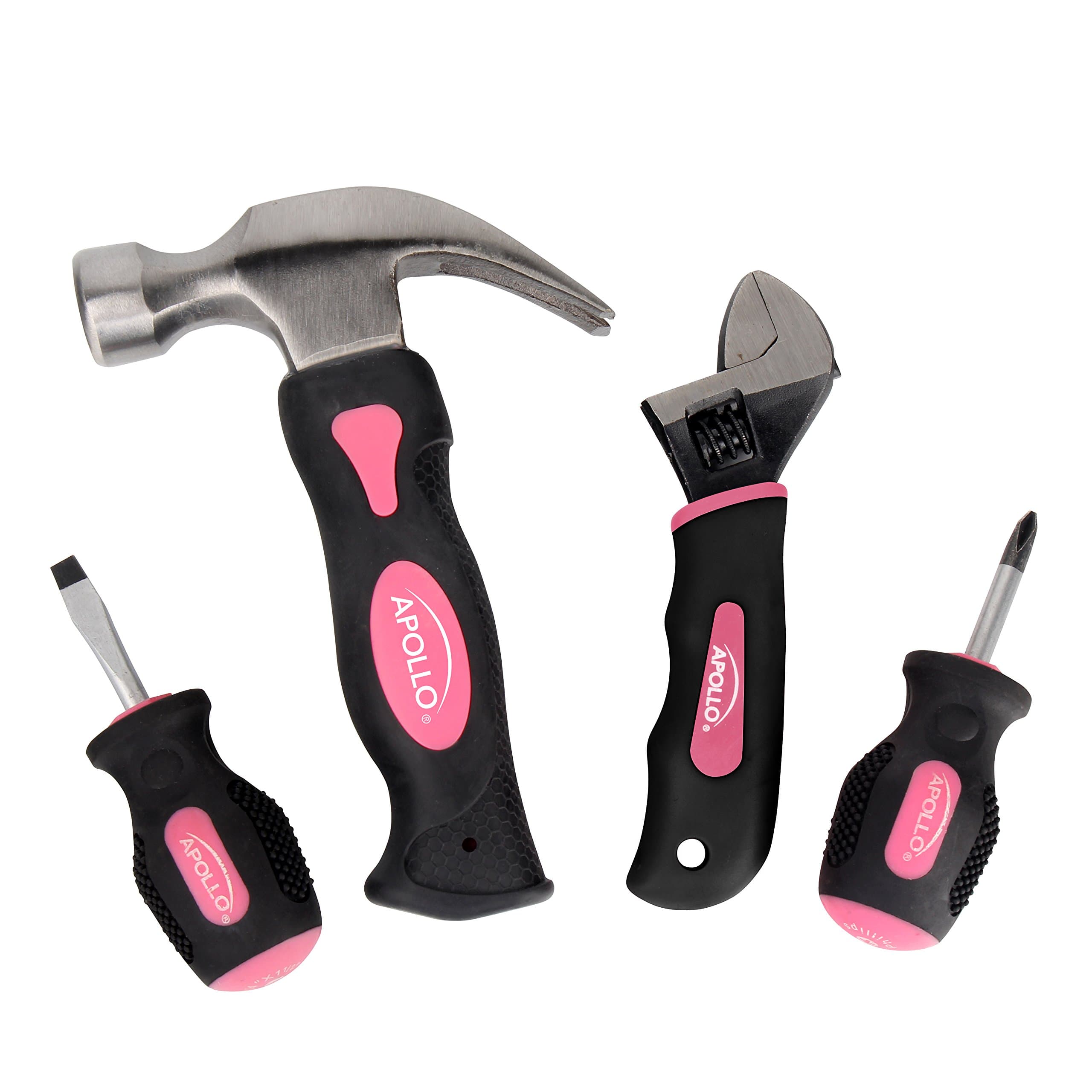 Apollo Tools 4 Piece Stubby Tool Set for Small Hands and Tight Spaces. Convenient, Compact Small Tool Set includes Mini Hammer, Mini Screwdriver Set, Mini Wrench - Pink Ribbon - Pink - DT0240P