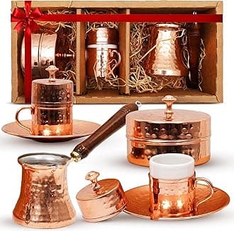 Turkish Coffee Set – Turkish Coffee Maker Set w/ 2 Cups, Sugar Dish, & Copper Pot (Cezve) – Traditional Gifts for Latte Lovers - 12oz