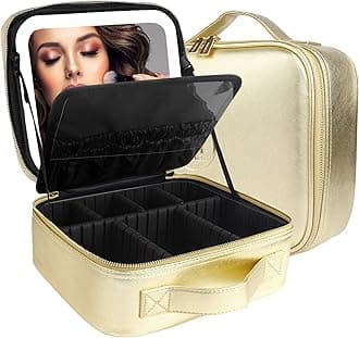 Travel Makeup Bag Cosmetic Bag Makeup Organizer Bag with Lighted Mirror, Adjustable Brightness in 3 Color Scenarios, Waterproof Makeup Train Case, Gift for Women - Golden