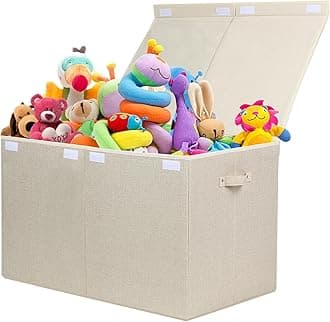 popoly 122L Large Toy Box Chest with Lid, Foldable Toy Storage Organizer Bin Boxes with Removable Divider for Kids, Boys, Girls, Nursery, Playroom, 26"x17" x17" (Linen Beige)