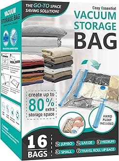 Cozy Essential Vacuum Storage Bags, 80% Compression Vacuum Seal Space Saver Plastic Packaging Bags for Clothes, Blankets, Pillow, Bedding, Comforters, Sealer Clothing Storage,16 Combo