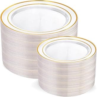 I00000 200 Pcs Clear Gold Plastic Plates - Disposable Party Plates, Gold Plate Disposable Include 100 Dinner Plate and 100 Dessert Plate, Plastic Plate for Party, Holiday, Wedding & Birthday