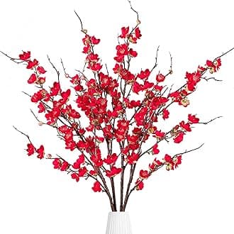 Artificial Plum Blossom Flowers 4 Pcs Faux Cherry Blossom Stems Faux Silk Plum Blossom Branches 36.2’’ Fake Flowers Long Stems for Vase Arrangements Home Wedding Table Decor (Red)