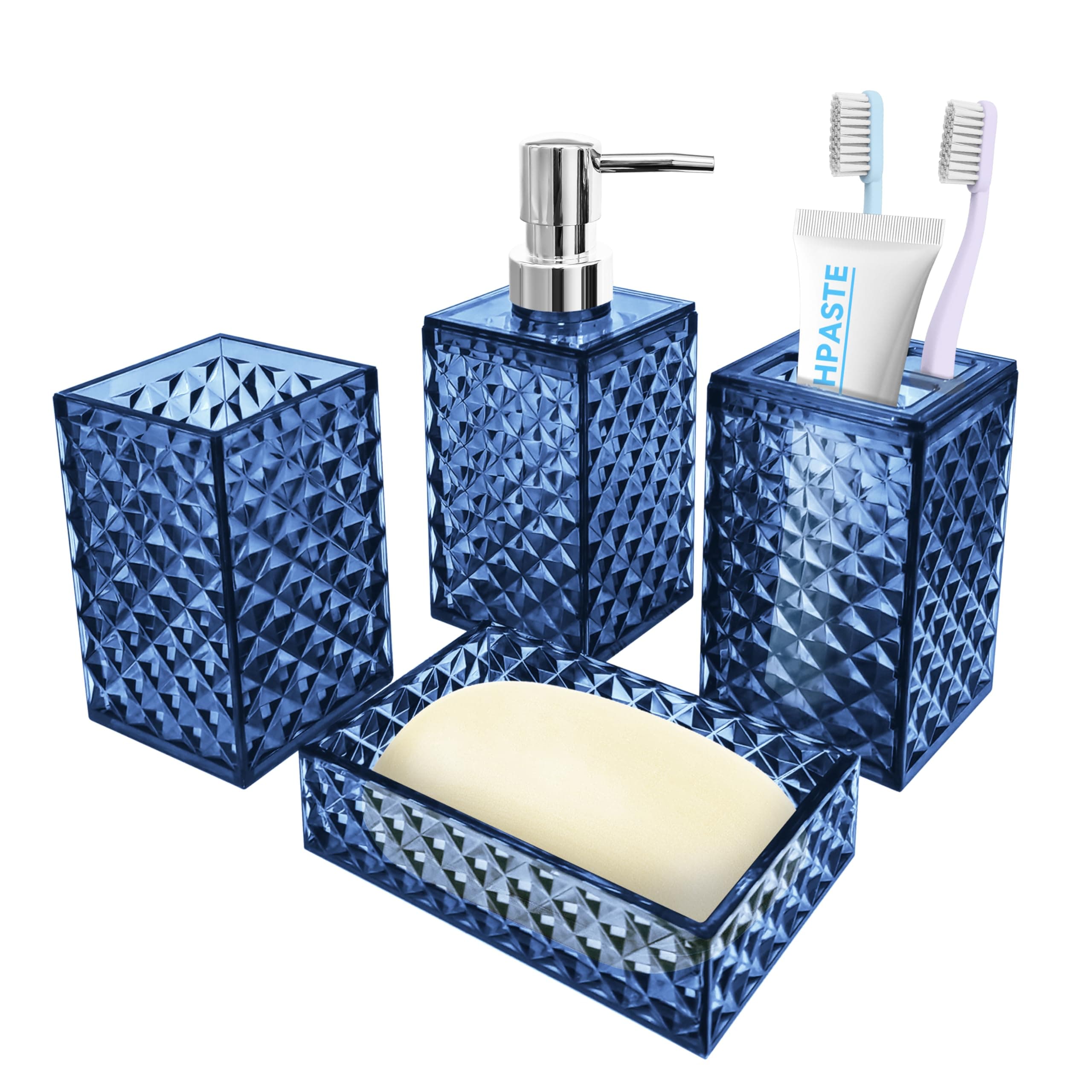 Bathroom Accessory Set, 4 PCS Blue Bathroom Accessories Sets, Soap Dispenser and Toothbrush Holder Set, Soap Dish and Mouthwash Cup, Boho Bathroom Decor, Bathroom Sets Accessories