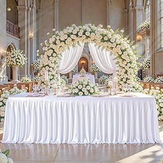 8FT White Satin Tablecloths for Rectangle Tables - Shiny Spandex Party Table Cover with Pleated Table Skirt, No-Wrinkle & Glossy Wedding Tablecloth One-Piece for Birthday Baby Shower Banquet Ceremony