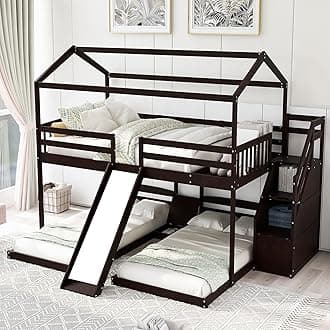 Triple House Bunk Bed Full Over 2 Twin Bunk Bed with 2 Storage Staircase Built-in Drawer, and Slide, Bunk Bed for Family, Teens, No Box Spring Needed Espresso
