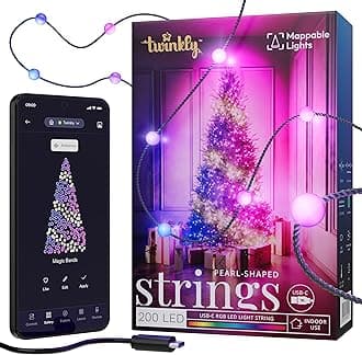 Twinkly Strings Pearls 200 LEDs, Pearl Shaped String Lights, Multicolor RGB LED Wire, Compatible with Alexa, Google Home, Gaming Lights, USB C Powered, Green Wire, 2x6m