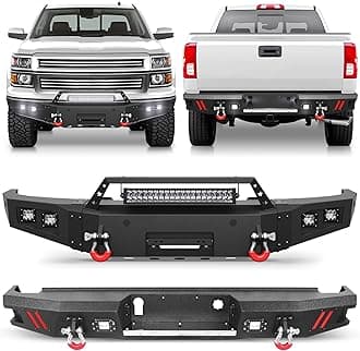 Front & Rear Bumper for 2014-2015 Chevy Silverado 1500, Silverado Bumper Black with Winch Plate, D-rings, Lights and License Plate Bracket (Compatible with Chevrolet Silverado 1500 2014-2015)
