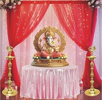 Lazybeee 9pcs Elegant White & Red Sheer Backdrop Net Cloth for a Festive Home Decor Ganpati Pandal Decoration Kit Backdrop for Pooja Decoration Janmashtami Varalakshmi Diwali Decor