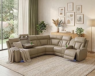 Power Reclining Sectional Sofa Breathing Leather Sectional Couch 6 Seats L Shaped Recliner Couch with LED Lights, USB Ports, 6 Cup Holders and Storage for Living Room (Beige)