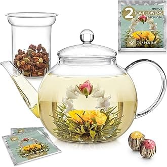 Teabloom Stovetop & Microwave Safe Glass Teapot with Removable Loose Tea Glass Infuser – Includes 2 Blooming Teas – 2-in-1 Tea Kettle and Tea Maker – Tea Purist's Choice