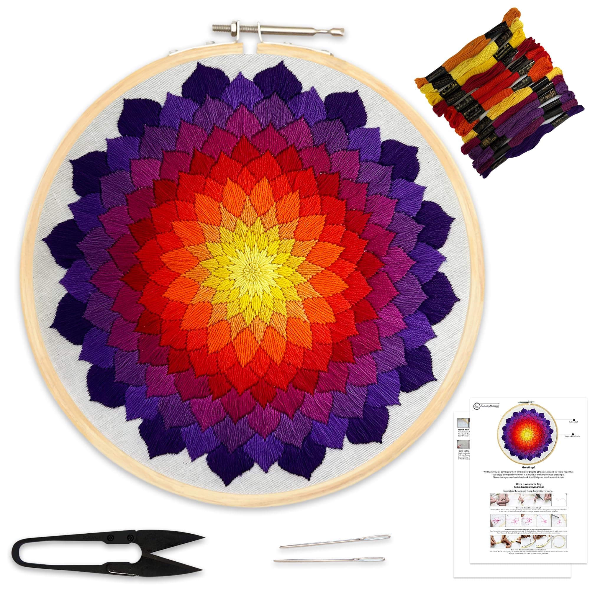 Embroiderymaterial Divine Circle Embroidery Kit for Beginners & Adults – 8 Inch Wooden Hoop, 17 Cotton Thread Skeins, Printed Fabric, 2 Needles, Cutter & Step-by-Step Instructions Included