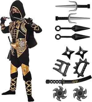 Golden Ninja Costume Set, Ninja Jumpsuit with Foam Accessories for Kids, Toddler Halloween Outfit for Ideas Cosplay Party (Small, 5-7 yrs)