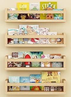 Onlysky Wall Mounted Kids Bookshelf - Wooden Floating Kids Bookshelves - Durable Wooden Construction - Ideal for Nursery Decor, Nursery Toy Storage, Pack of 4