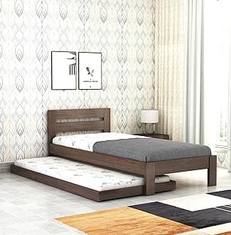 Wooden Single Trundle Bed | Single Bed with 1 Extra Pullout Bed | Wooden Single Bed Cot Palang Furniture for Bedroom, Living Room & Home | Sheesham Wood | Walnut Finish