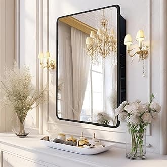 Bathroom Medicine Cabinet with Mirror, 20x30 inch Metal Black Recessed Medicine Cabinet with 3 Adjustable Metal Shelves, Rounded Rectangle Storage Cabinet
