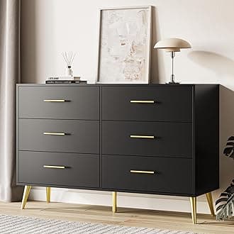 Black Dresser for Bedroom, 6 Drawer Dresser with Gold Metal Handles & Metal Legs, Wood Chests of Drawers for Bedroom