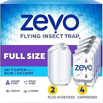 Zevo 2 Flying Insect Traps & 4 Refill Cartridges - Plug in Fly Trap & Indoor Bug Catcher for Gnats, House & Fruit Flies - Blue & UV Light Technology, Mess-Free Alternative to Bug Zapper