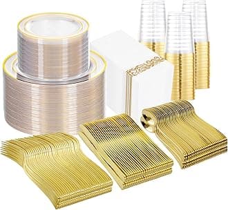 700 Pieces Gold Dinnerware Set - 100 Guests Clear Disposable Dinnerware Set for Party, Wedding, Include: 200 Clear Plates with Gold Trim, 100 Cups, 100 Napkins, 100 Plastic Silverware Sets