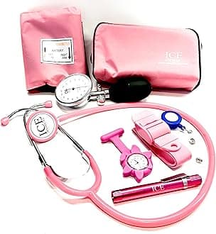 Aneroid Blood Pressure Sphygmomanometer Monitor, Stethoscope, Pen Light (Pen Torch), Tourniquet, Nurse Watch, Lanyard ID Card Holder - Starter Set (Pink with Silicone Watch)