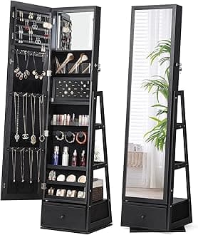 Nicetree 360° Swivel Jewelry Cabinet with Lights, Touch Screen Vanity Mirror, Rotatable Full Length Mirror with Jewelry Storage, Standing Jewelry Armoire Organizer, Foldable Makeup Shelf, Black