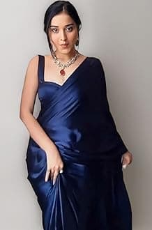 Women Ready to Wear Plain Navy Blue Satin Silk Readymade Pre Pleated Saree With Unstitched Blouse