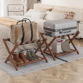 Luggage Racks Set of 2, Fully Assembled Suitcase Stand with Shoe Shelf, Foldable Bamboo Luggage Rack for Guest Room, Bedroom, Hotel, Walnut