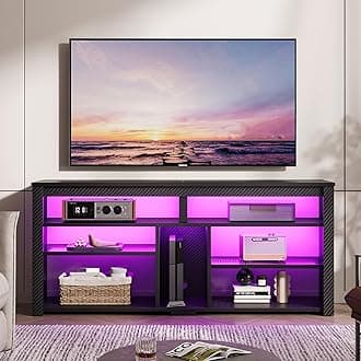 Bestier LED Tall TV Stand, Entertainment Center for 55/60/65 Inch, Gaming Console With Storage for PS4, Adjustable Shelf Modern High Cabinet for Living Room Bedroom, Carbon Fiber Black
