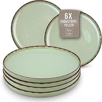 Stoneware Breakfast Plates for 6 People, Rustic Country House Style TEST VERY GUT Dessert Plate Set, Cake Plate, Dishwasher and Scratch-Resistant, Small Plates, Salad Plates, Pure Living