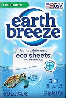 Earth Breeze Laundry Detergent Sheets Fresh Scent - 60 Loads Eco Liquidless Soap - Travel-Friendly for Hot & Cold Cycles, Tackles Tough Stains & Odors - Gentle on Skin, 30 Ct