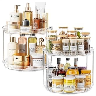 LAMU 2 Pack 10.6'' 2-Tier Lazy Susan Turntable Organizer Rotating Spice Rack Organization for Cabinet, Kitchen, Pantry, Countertop, Bathroom, Vanity, Makeup Organizer, Clear
