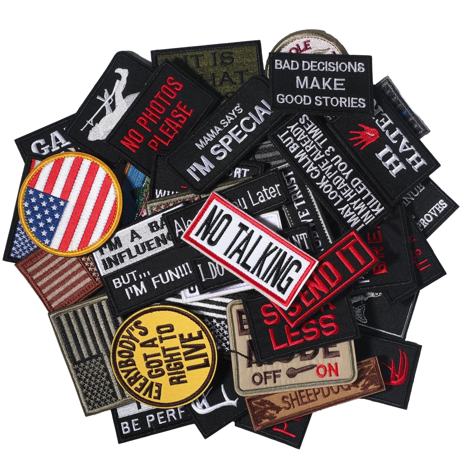 Tigeen 50 Pcs Random Tactical Military Patch Bundle, Funny Full Embroidery Hook and Loop Patches Set for Caps, Bags, Backpacks, Harness, Vest, Military Uniforms, Tactical Gear (Various Style)